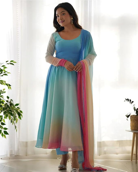 GoSriKi Women's Georgette Anarkali Kurta Set with Dupatta | Elegant Pink Ethnic Dress | Flared Long Kurti for Festive