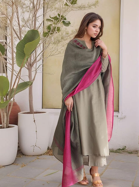GoSriKi Women's Silk Viscose Straight Solid Kurta with Pant & Dupatta