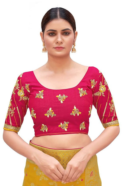 Monjolika Fashion Women's Banarasi Silk Blend Zari Woven Work With Tussles Saree and Embroidered Work Blouse Piece