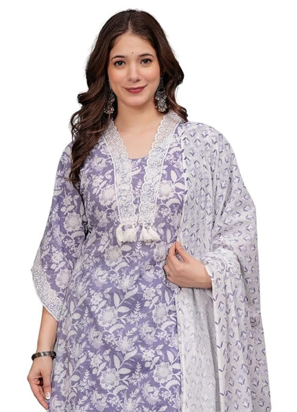 Amayra Women's Pure Cotton Printed Straight Kurta Set with Palazzo Pants & Dupatta- Ethnic Wear, Purple
