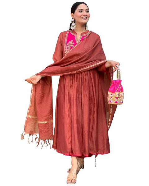 GoSriKi Women's Rayon Viscose Embroidered Anarkali Kurta with Pant & Dupatta