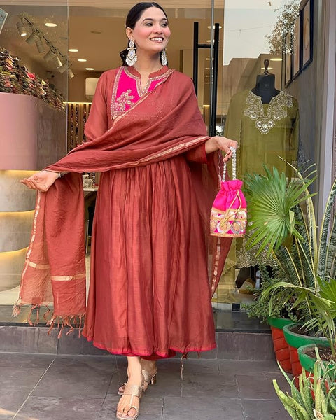 GoSriKi Women's Rayon Viscose Embroidered Anarkali Kurta with Pant & Dupatta