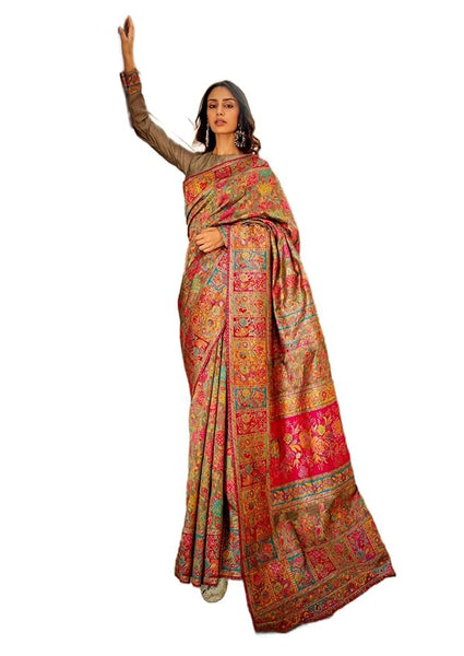 MADHUHANSH Kashmiri Cotton Patola Saree for Women | Cotton Saree | Sarees with Unstitched Blouse | Saree with Blouse Piece | Soft and Skin Friendly