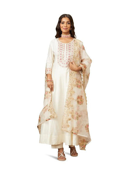 Myx Women's Embroidered Anarkali Kurta Pant Set with Organza Dupatta | Viscose,Rayon | A-line fit