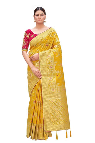 Monjolika Fashion Women's Banarasi Silk Blend Zari Woven Work With Tussles Saree and Embroidered Work Blouse Piece
